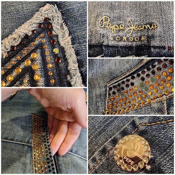 Y2k Pepe Jeans Streetwear Star Patchwork Rhinestone Distressed Denim Vest Sz Sm - Picture 9 of 9